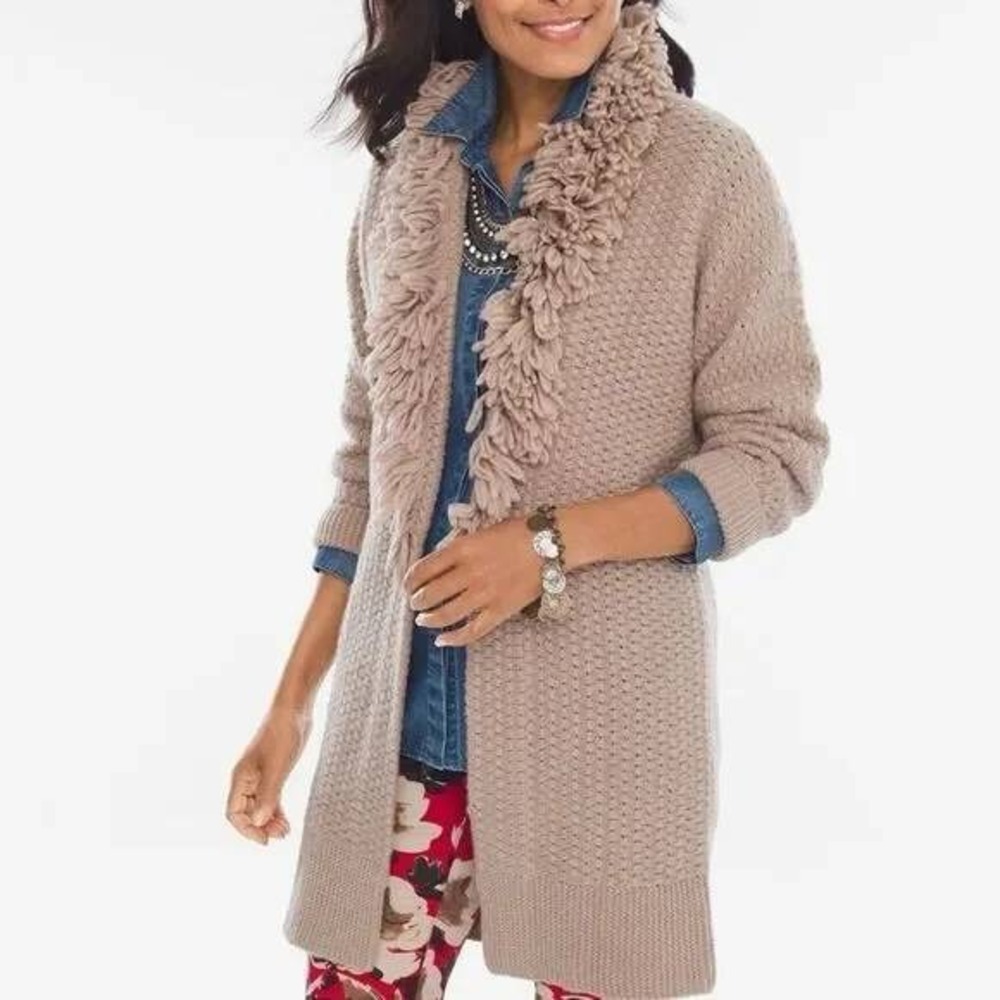 Chicos Cardigan‎ Shaggy Loop Fringe Sweater 2 L Large Tan Wool Blend Open Front